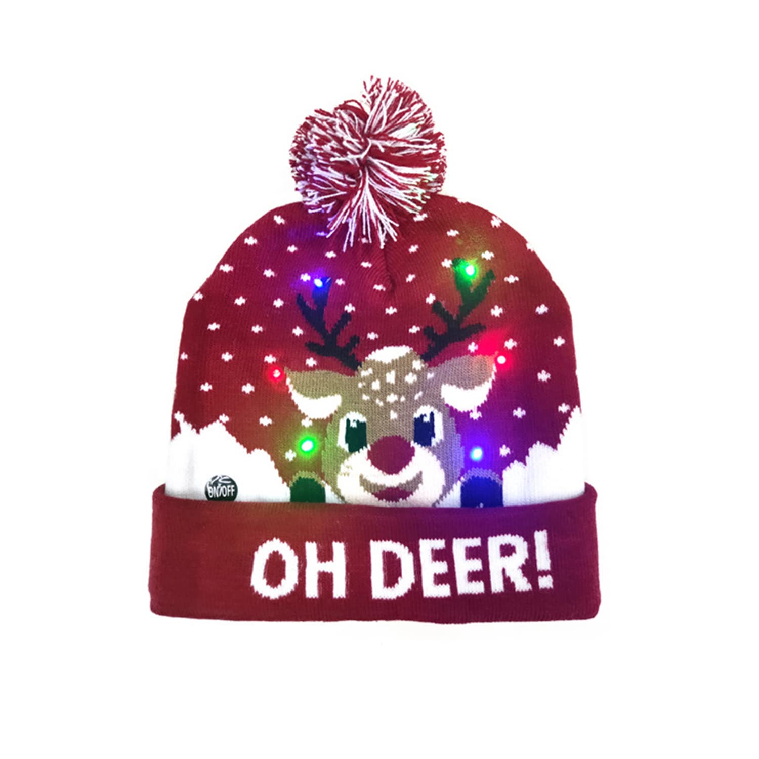 LED Light Up Christmas Hat - Xmas Beanie With 7 Colorful Flashing Lights - Winter Warm Knitted Bobble Hat With Pom Pom for Kids Adults Holiday Party Supplies