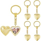 SUPERFINDINGS 5Pcs Heart Locket Pendant Keychain Vintage Carved Flower Pattern Heart Key Rings Brass Photo Locket Keychain