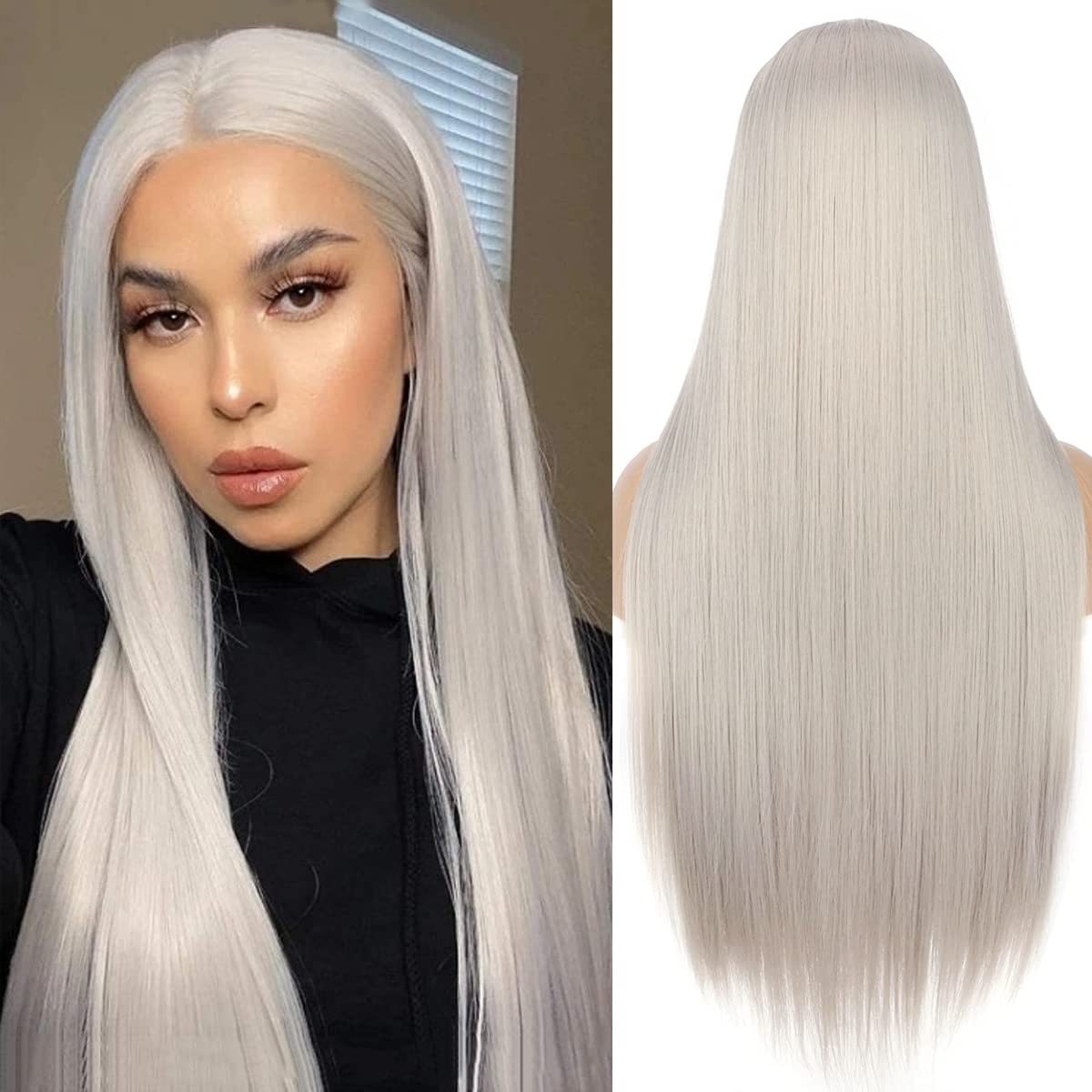 PORSMEER Platinum Blonde Wig - Long Straight Wig for Women with Natural Middle Part, Synthetic Hair, Heat Resistant Fibers, 24 inches, Silver Blonde — image 1