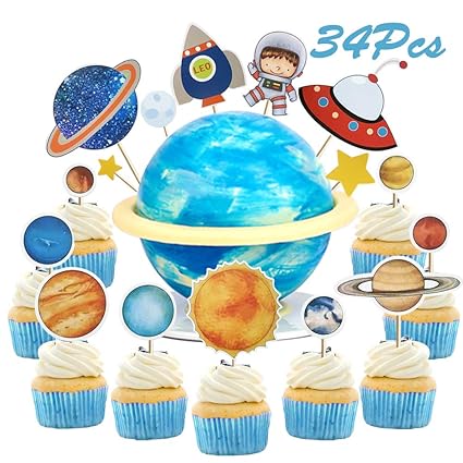 Sunsor 34pcs Solar System Astronaut Space Shuttle Ufo Rocket Star Planet Cupcake Topper Outer Space Themed Cake Decorative Toppers For Kids Birthday