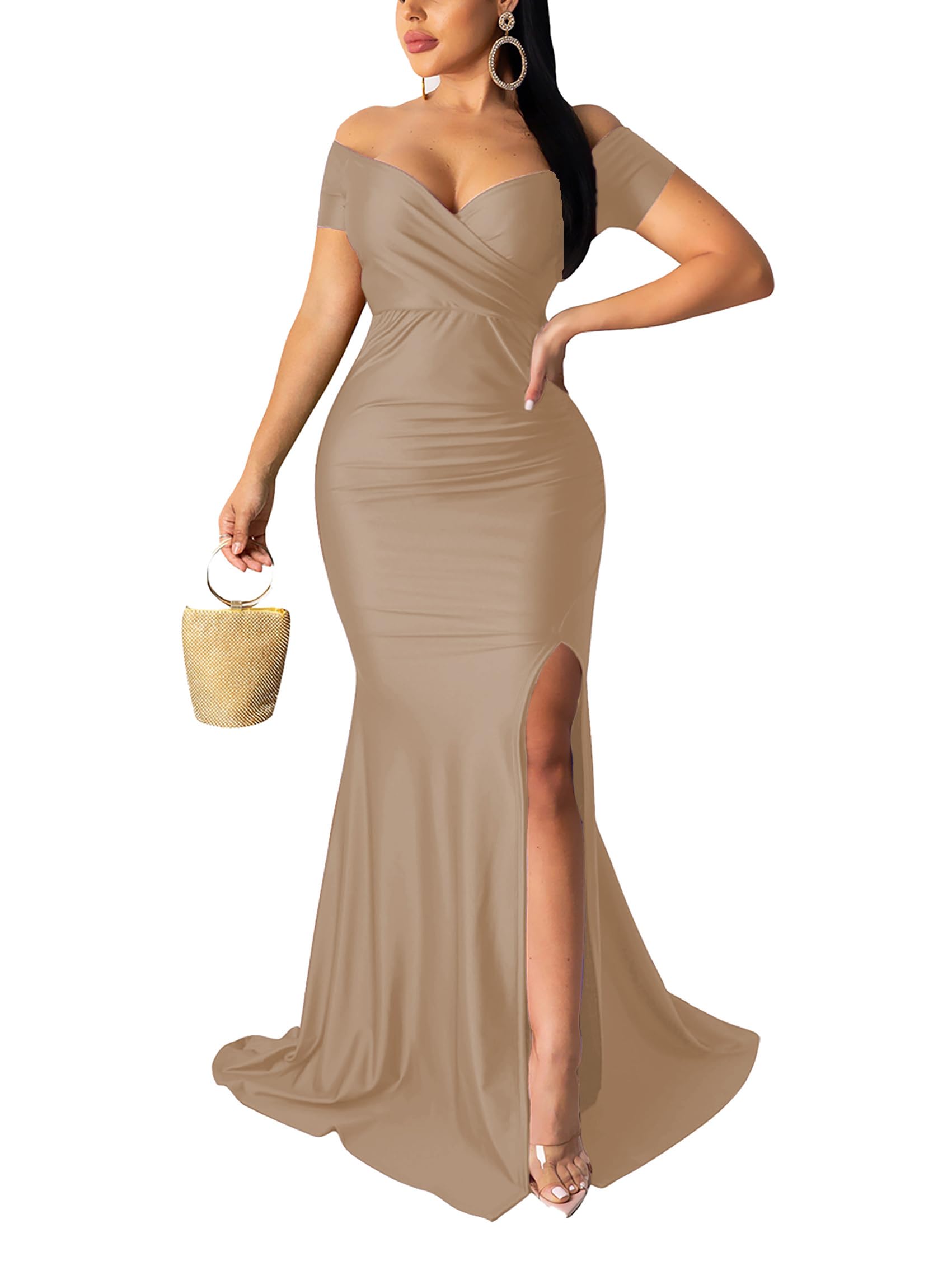 Photo 1 of M  Women's Sexy Off Shoulder V Neck Wedding Guest Gown High Split Long Maxi Bodycon Formal Prom Graduation Gola Dress Champagne