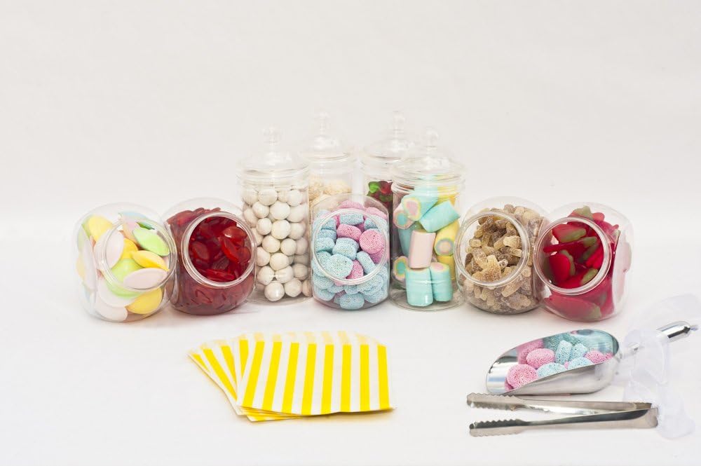 Wedding Sweet Table Kit: x10 Jar, x2 Tongs & 100 Candy Stripe 5"x7" Sweet Bags (Choose Sweet Bag Colour: Pink Blue Purple Red Green Grey Black Yellow) Candy Bar Buffet (Yellow Sweet Bags x100)