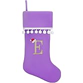 JKSVE Personalized Christmas Stocking - 19 Inch Purple Velvet Stockings, Embroidery Initial with White Pom Pom Trim, Holiday Fireplace Mantel & Xmas Party Decor, Letter E