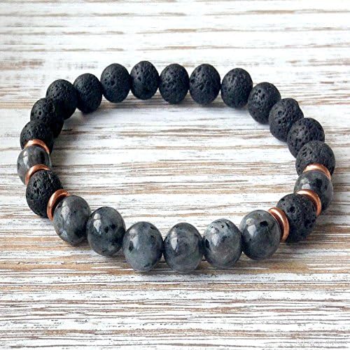 Diffuser Bracelet w/7 Chakra Lava Stones-Mens Womens Genuine Yoga Bracelet For Healing, Aromatherapy, Meditation, Natural Essential Oils, Self Confidence, Love FREE AROMATHERAPY BOOK (Larvikite Beads)