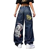 Unisex Y2K Hip Hop Street Jeans with Skeleton Print, Gothic Baggy Jeans, Vintage High Waist Denim, Wide Leg Pants