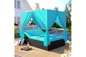 XD Designs Outdoor Patio Wicker Sunbed Daybed with Side and Overhead Curtains, UV-Proof Resin PE Rattan Adjustable Seats for Balcony Garden Backyard Poolside (Blue-1)