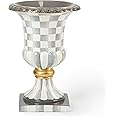 MACKENZIE-CHILDS Pedestal Tabletop Urn, Decorative Centerpiece for Table, Mantel, or Shelf, Tall, Gray-and-White Sterling Check
