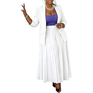 Women's Plus Size 2 Piece Outfits Casual Open Front Blazer and High Waist Pleated Maxi Skirt Sets Business Suits