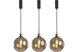 KAYYELAMP 3-Lamps Adjusted Wire Length H-Type Rounded Amber Glass Shade Track Hanging Light 3.2 Ft Twisted Cord E26 Base Pend