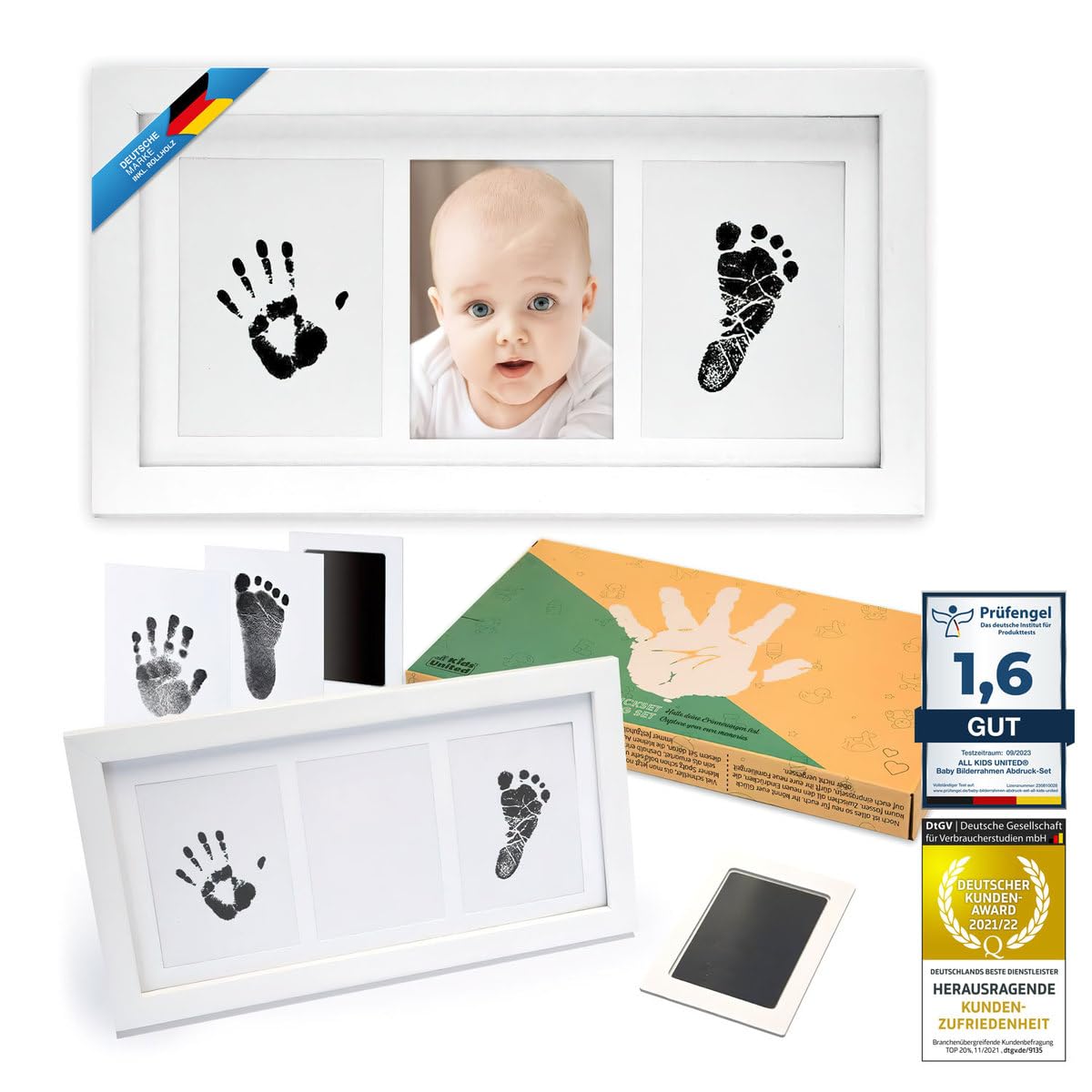 Baby Photo Frame Imprint/Ink Set - Photo frame for hand print, foot print & photos; gift set for birth, christening, baby part etc. 3-piece white (Ink)
