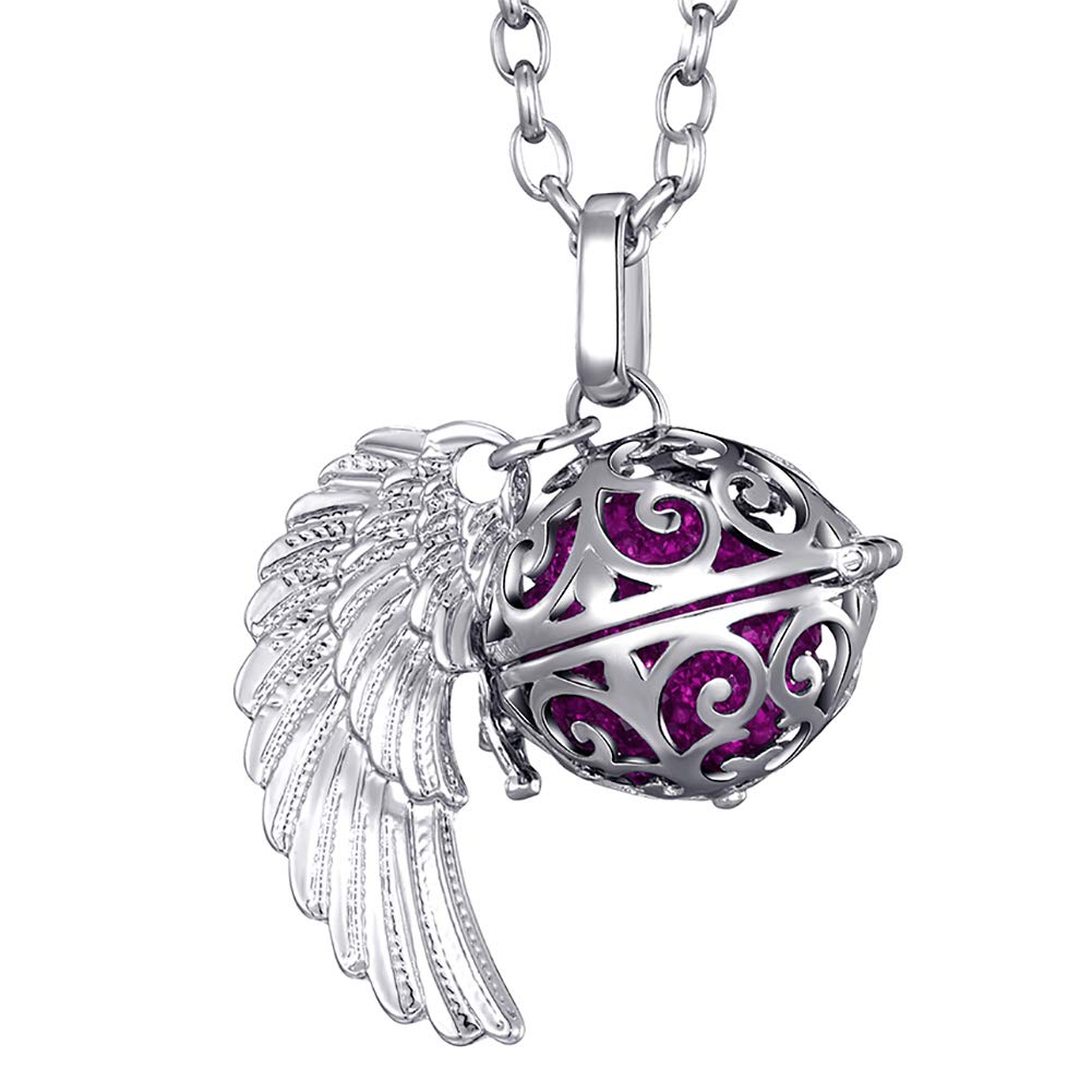 Morella Women Necklace Stainless Steel 70 cm 27,5" with Ornament with Angel Wing Pendant with Sound Ball Zirconia Purple Ø 16 mm 0,63" in a Velvet Jewelry Bag