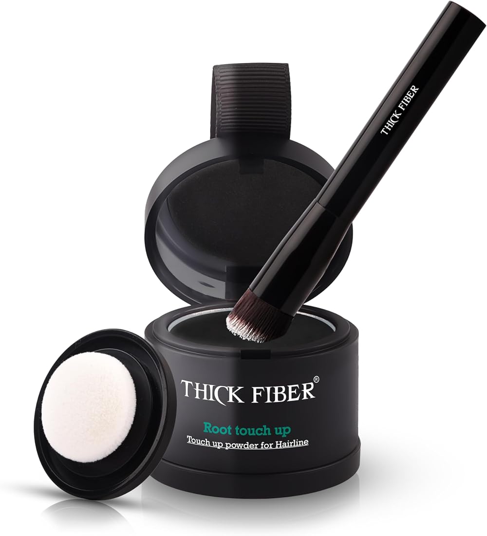 THICK FIBER Root Touch Up Powder Black 4g with Brush & Mirror - Conceals Grey