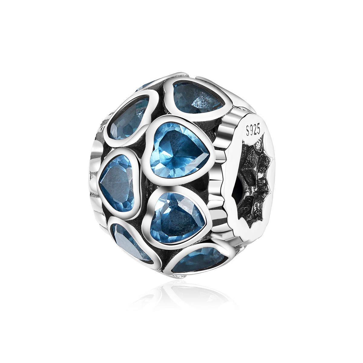 NINGAN Birthstone Love All Around Heart Bead Charms 925 Sterling Silver Happy Birthday Charm Gifts Fits European Bracelets & Necklaces (March)