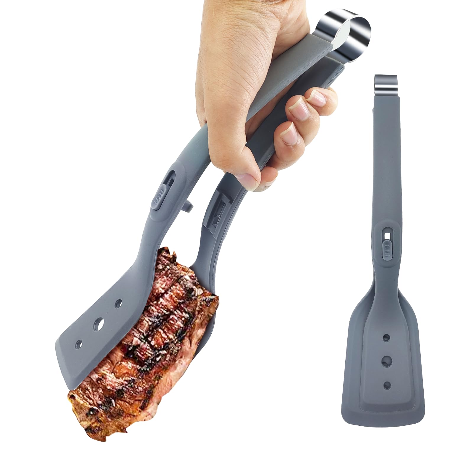 DONQL Egg Flipper Omelette Spatula - 2 in 1 Silicone Spatula Tongs, Clamp with Lock for Fried Steak Omelette and Flipping Fish