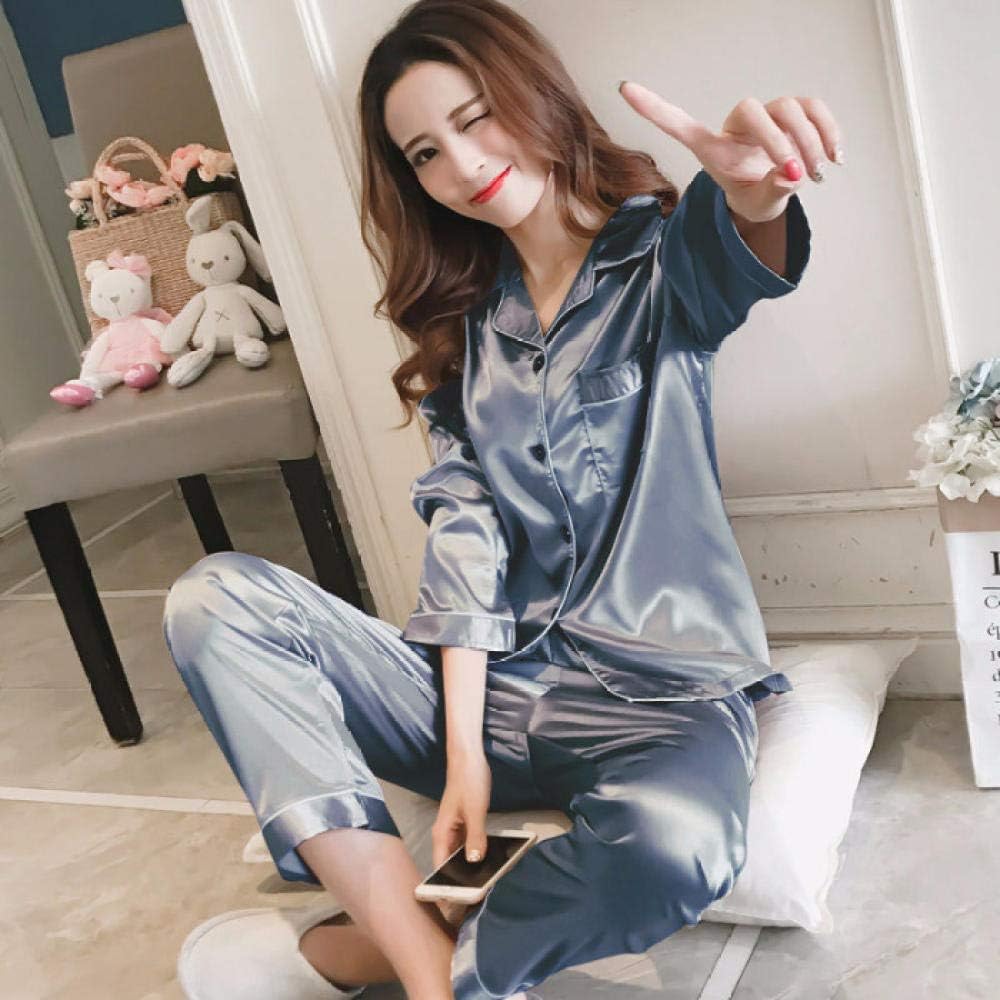 cotton pajamasSpring and Autumn Women's Silk Pajamas Set-blue_XXLwomen's pajamas at Amazon Women 