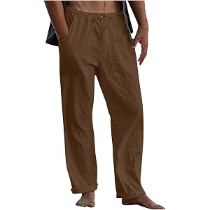 kuweot Cotton Linen Pants Men Casual Loose Fit Elastic Drawstring Waist Wide Leg Pant Lightweight Summer Beach Pants Pockets