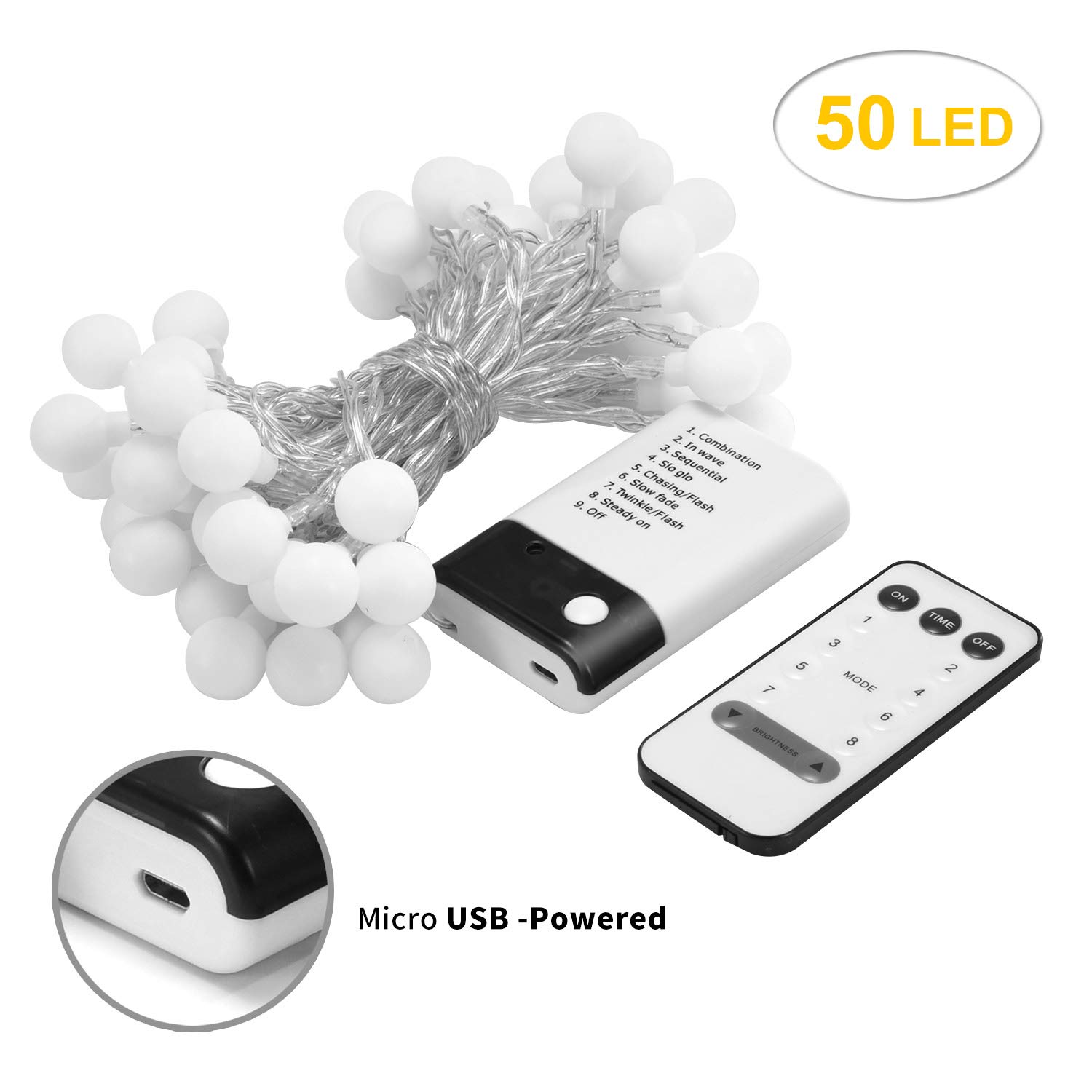 owlguart Globe String Lights Fairy Decorative Light for Outdoor, Indoor, Home,Wedding,Christmas Tree, Party (Warm White, Battery-Powered, USB-Powered,50 LED 16 Ft)