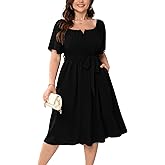 HICISI Women Plus Size Cocktail Dress Short Sleeve Square Neck Belted Elegant Flowy A Line Midi Dresses with Pockets