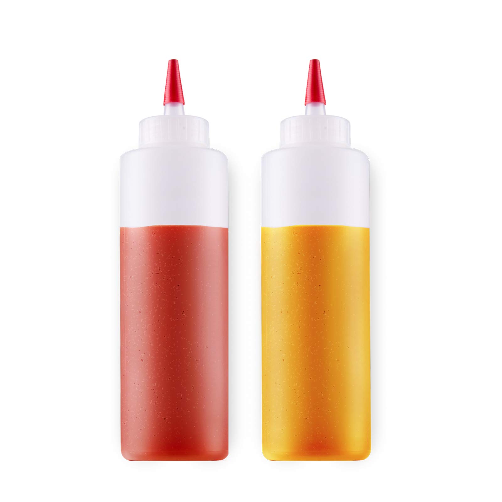 Bottlify Squeeze Bottles with Red Cap-Pack of 2 Wide Mouth , Leak Proof Refillable Condiment Container for Kitchen Use - 16 Ounce