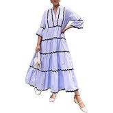 SOMTHRON Women's Summer Striped Maxi Dress Flutter 3/4 Sleeve Tiered A Line Rick Rack Boho Flowy Long Dress