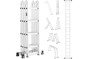 VEVOR Multi-Purpose Folding Ladder, 7-in-1 Tall Extension Step Ladder, A Frame 4 Step Telescoping Ladder, 15.5ft Reach Height Heavy Duty Adjustable Ladder, 330 lbs Capacity for Home Outdoor