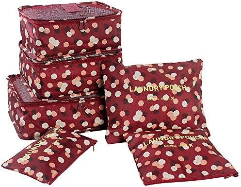 1 Set of Unisex Travel Packing Cubes Waterproof Oxford fabric Storage Bags 6pcs Printing Packing Organizers Mesh Packing Bags Travel Accessory - Burgundy