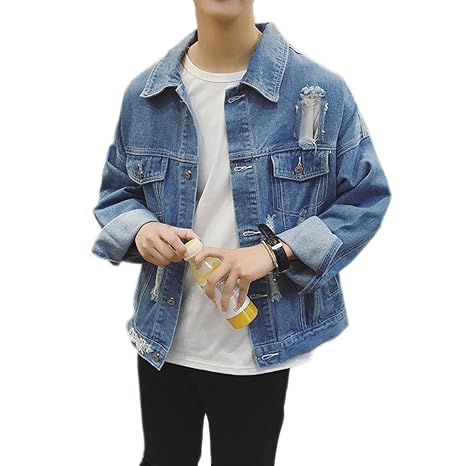 CYSTYLE Herren und Jungen Jeansjacke Ripped Denim Jacket, Oversize Destroyed Look Jacke