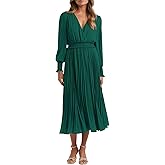 PRETTYGARDEN Womens Wrap V Neck Fall Dresses Wedding Guest Casual Pleated Long Sleeve Midi Dress Ruffle Smocked Long Dress