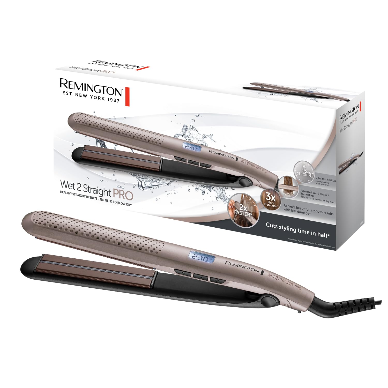 Remington Céramique Lisseur S7970 [Lissage Sur Cheveux Mouillés Ou Sec] Wet2Straight Pro (Lisse & Sèche En Même Temps, Système De Ventilation Exclusif, Capteur D'Humidité, Écran LCD)