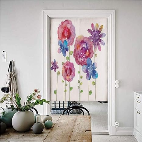 Amazon 花の家の装飾 のれん おしゃれ 目隠し 幅72cm 丈1cm さまざまな種類の花の自由illustration放に生きるスタイルパターン おしゃれ ロング 居酒屋 店 部屋 玄関 入り口 間仕切り インテリア ピンクパープルブルーの水彩イラスト のれん オンライン通販