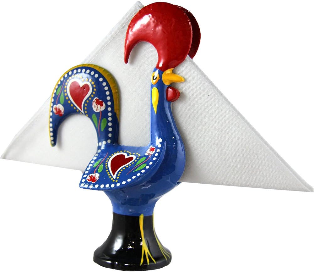Hand Painted Vintage Portuguese Aluminum Good Luck Rooster Napkin Holder (Blue)