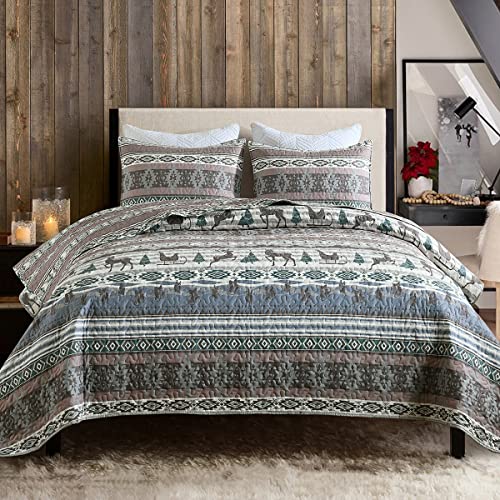HORIMOTE HOME Lodge Quilt Set Queen Size, Rustic Cabin Wildlife Deer Reindeers Sled Pattern Printed Bedding Coverlet, Soft Lightweight Breathable Reversible Quilt Bedspread for All Season, 3 Pieces