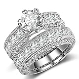 Womens Wedding Engagement Bands Ring Sets White Gold Plated Princess Cut Eternity Solitaire CZ Crystal Best Anniversary Promise Rings Size 8