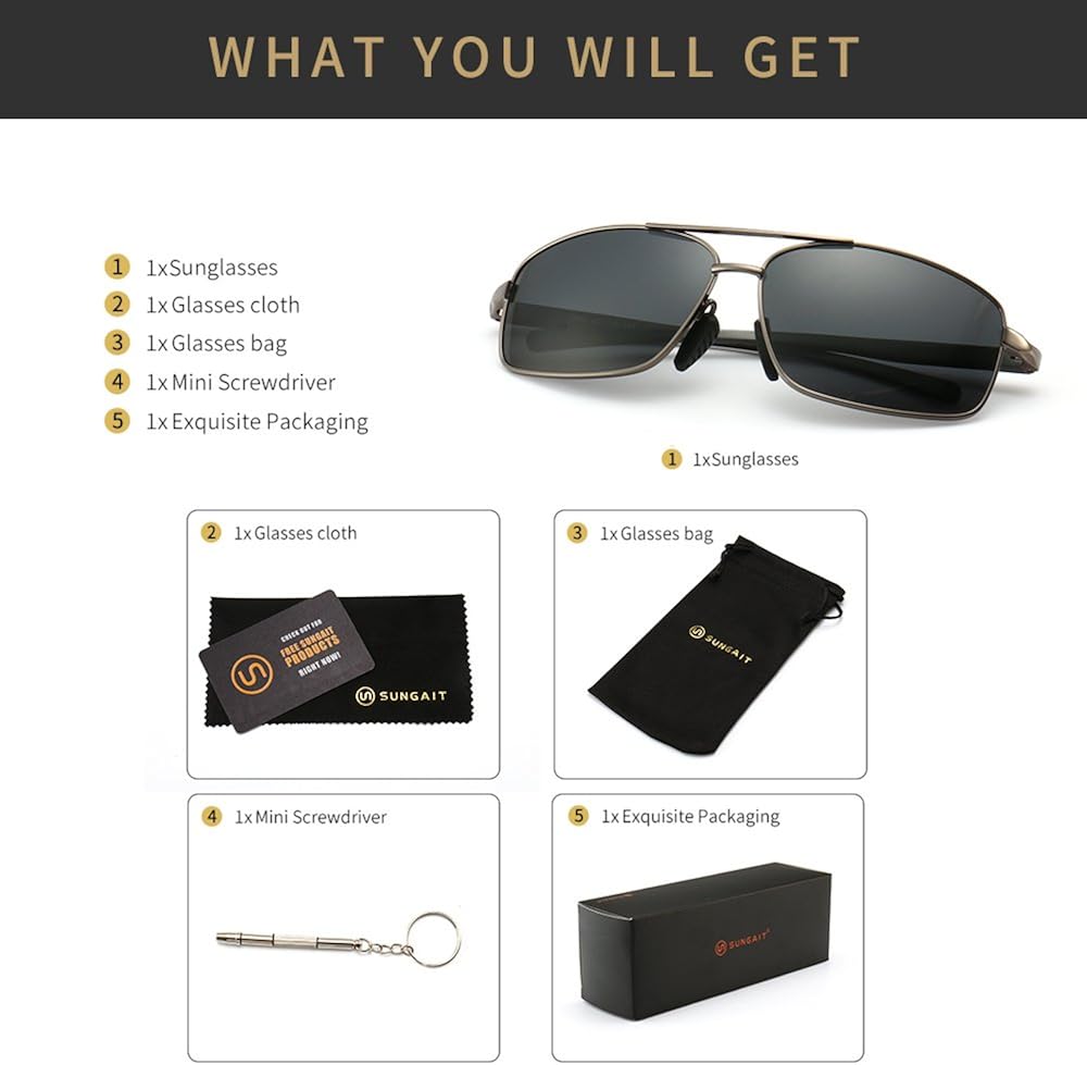 SUNGAIT Ultra Lightweight Rectangular Polarized Sunglasses UV400 Protection (Gunmetal Frame Gray Lens, 62) Metal Frame 2458 QKH: Clothing
