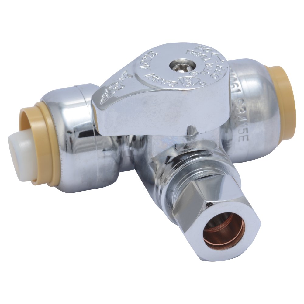 SharkBite 1/2 x 1/2 x 3/8 Inch Compression Tee Stop Valve, Push to Connect Brass Plumbing Fitting, PEX Pipe, Copper, CPVC, PE-RT, HDPE, 24984A