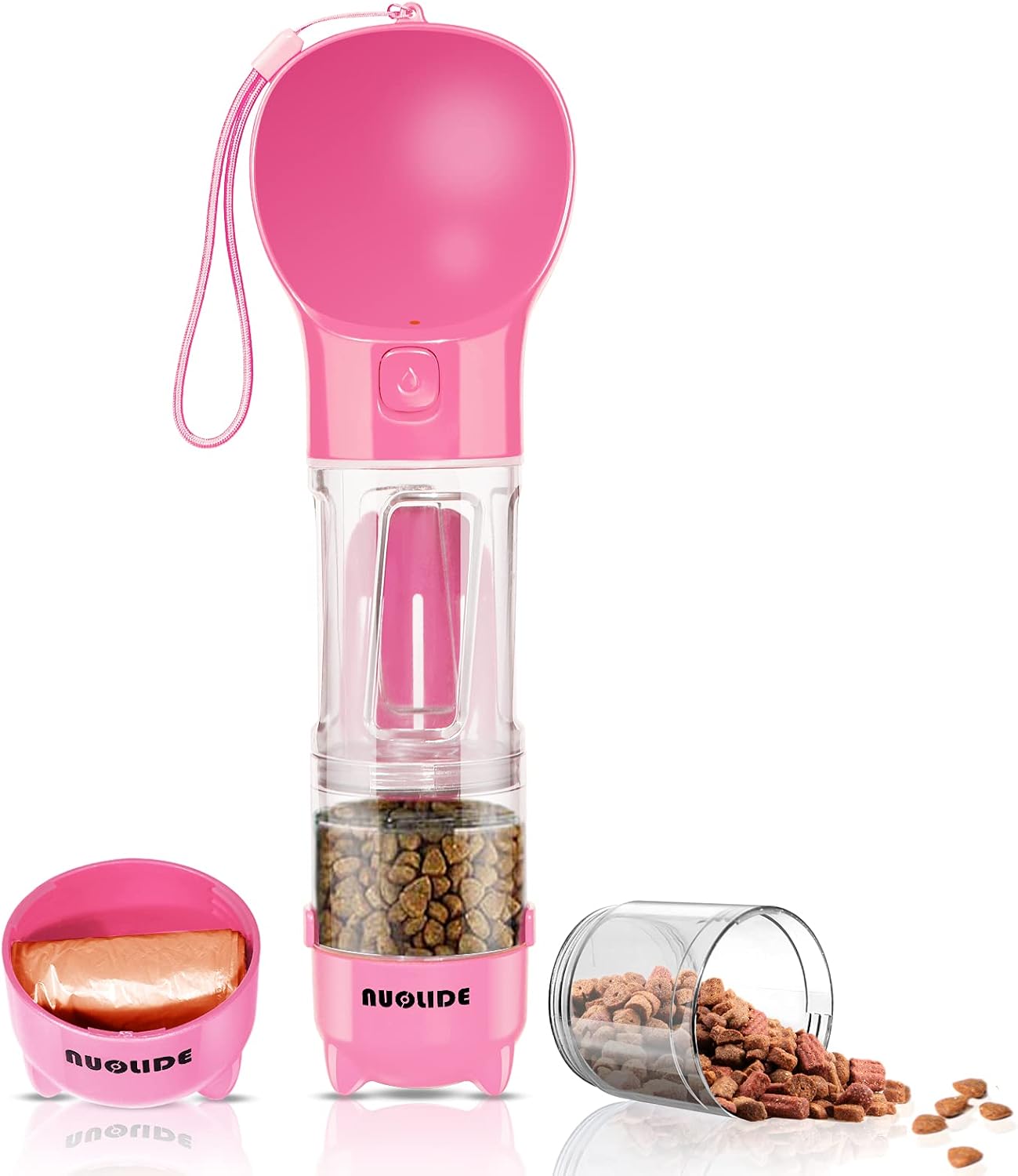 Dog Water Bottles for Walking, NUOLIDE 4 in 1 Portable Pet Water Bottle Dispenser Leakproof Dog Travel Water Bottle with Food Container & Waste Bag, Dog Accessories for Outdoor Hiking,19OZ(Pink)