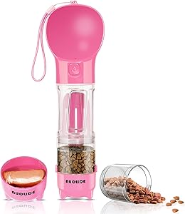Dog Water Bottles for Walking, NUOLIDE 4 in 1 Portable Pet Water Bottle Dispenser Leakproof Dog Travel Water Bottle with Food Container & Waste Bag, Dog Accessories for Outdoor Hiking,19OZ(Pink)