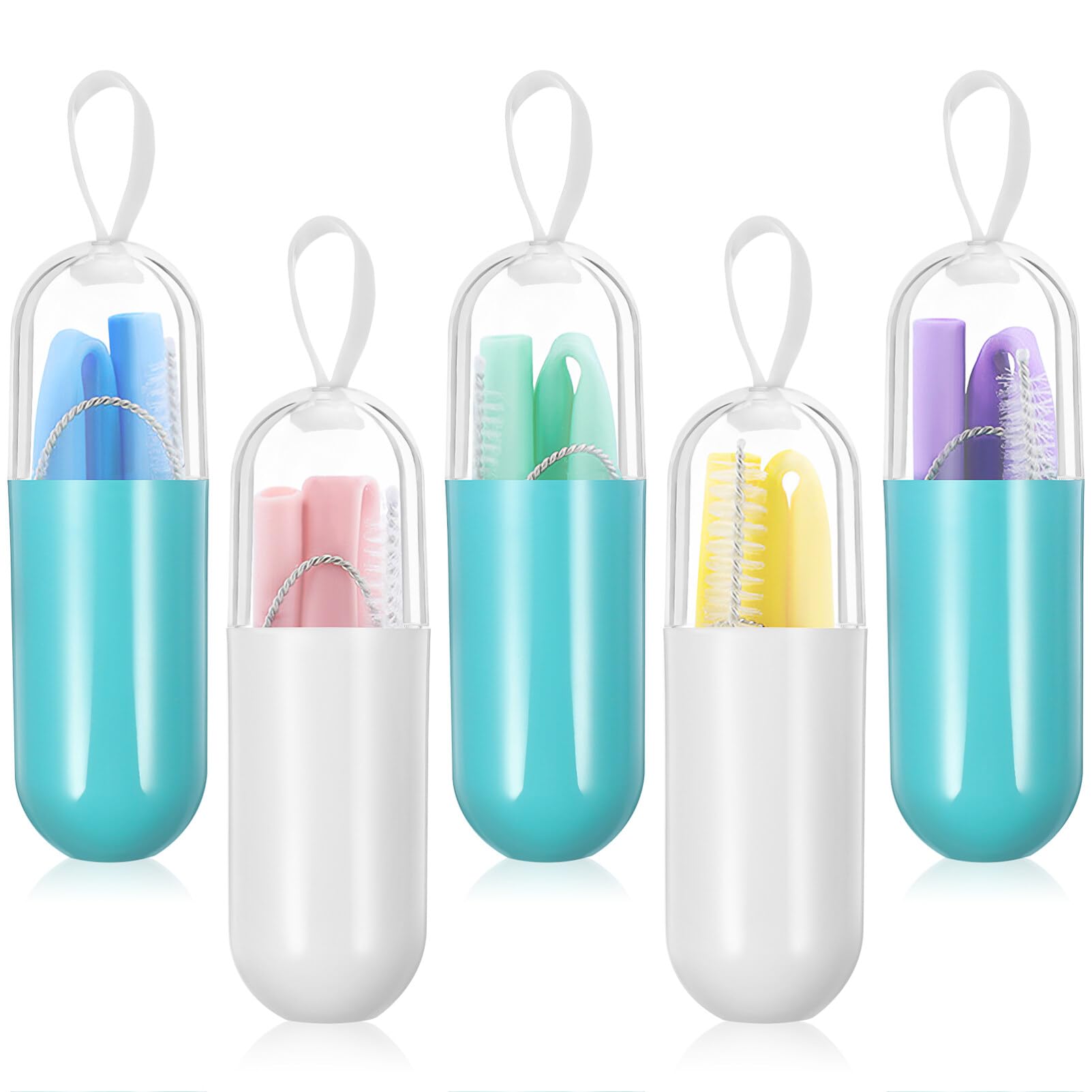 HEMOTON 5 Pcs Reusable Straws with Case, Drinking Silicone Straws Set with Case, Portable Foldable Travel Straws with Cleaning Brush for Party Travel (Assorted Color)