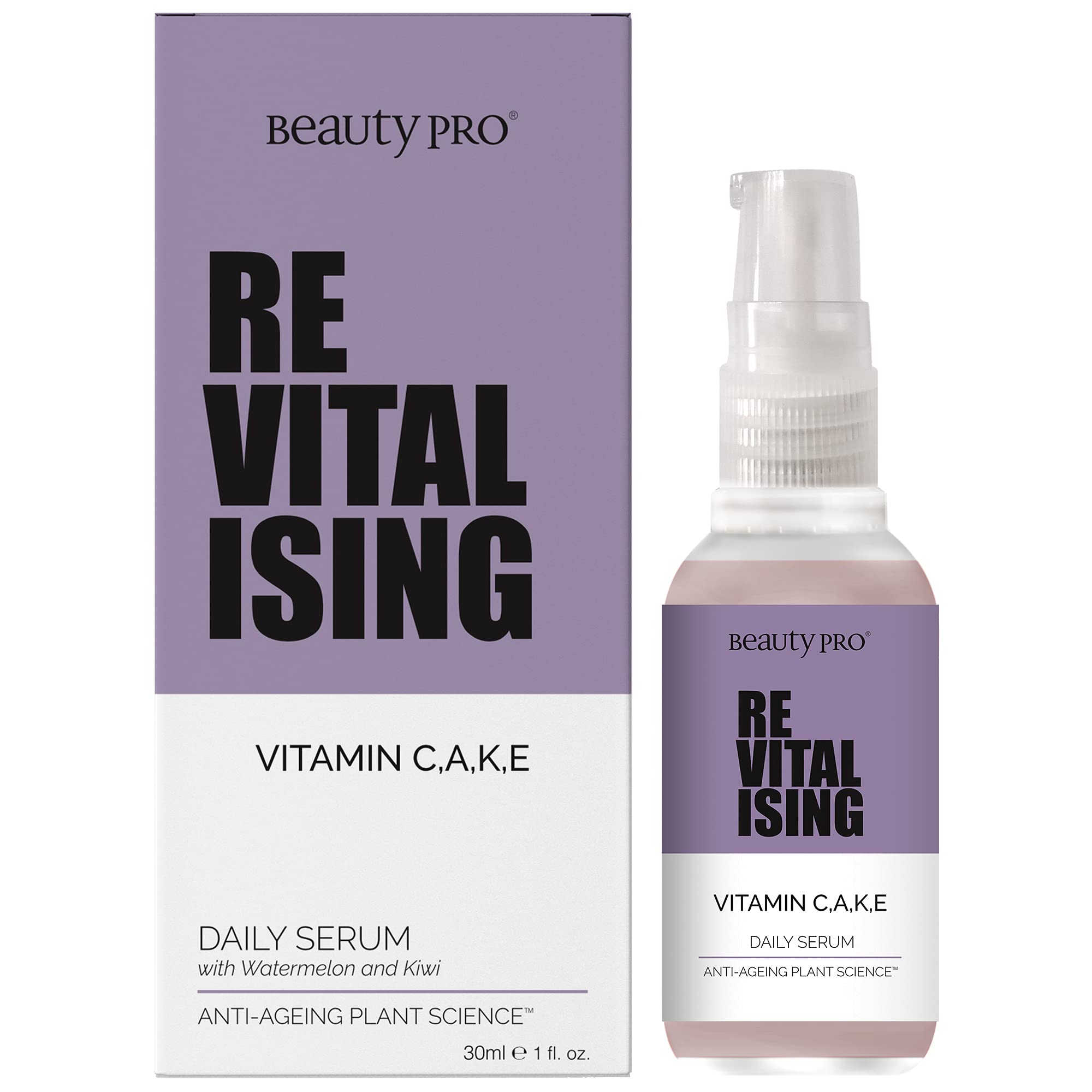 BeautyPro REVITALISING Vitamin CAKE Daily Serum 30ml | 100% Plant Based Skincare Serum | Hydrating, Toning, & Anti-Aging | Vitamin C, Vitamin A, Vitamin K, & Vitamin E |