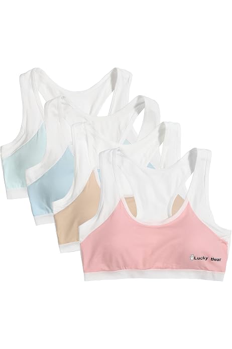 MANJIAMEI Girls' Unpadded Racerback Sports Bra 4-Pack – Cotton Training Bras For Ages 8-12, Wire-Free