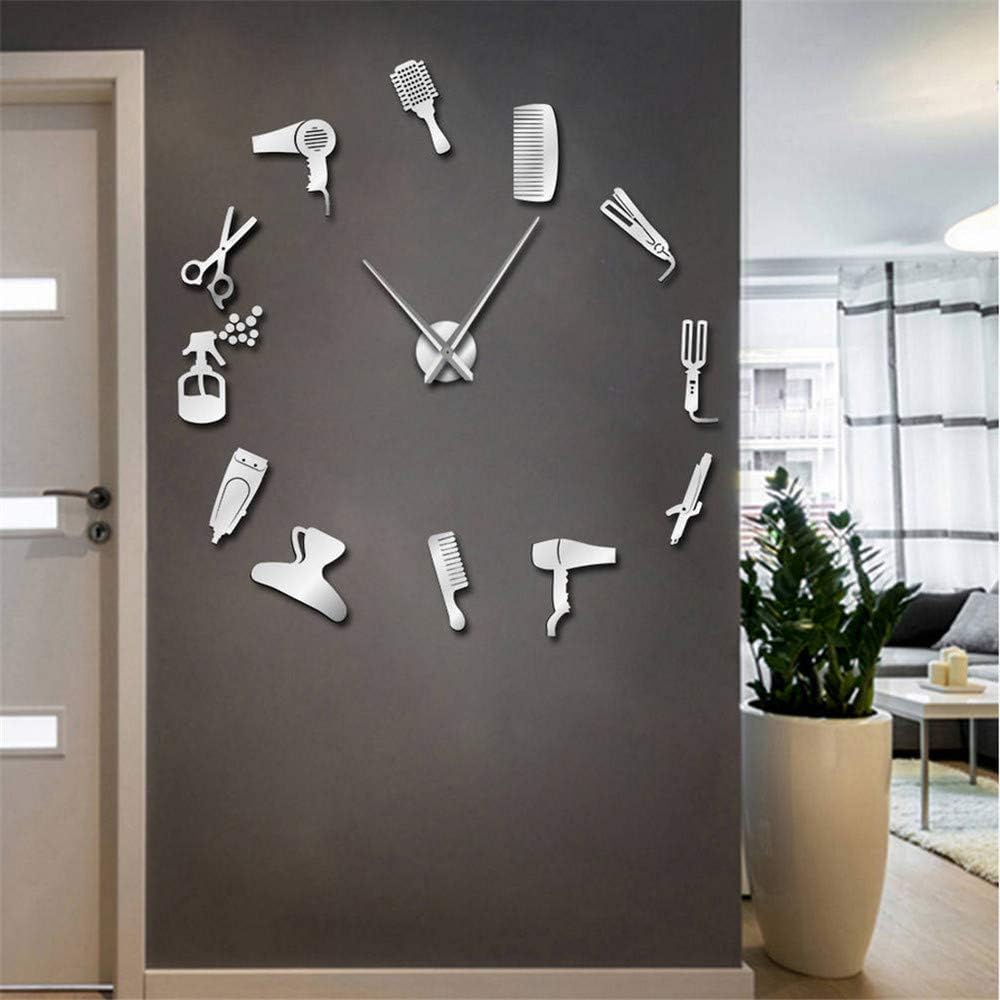 Shuangklei　DIY Barber Shop Giant Wall Clock Barber Toolkits Decorative Frameless Clock Watch Hairdresser Barber Wall Art，Silver