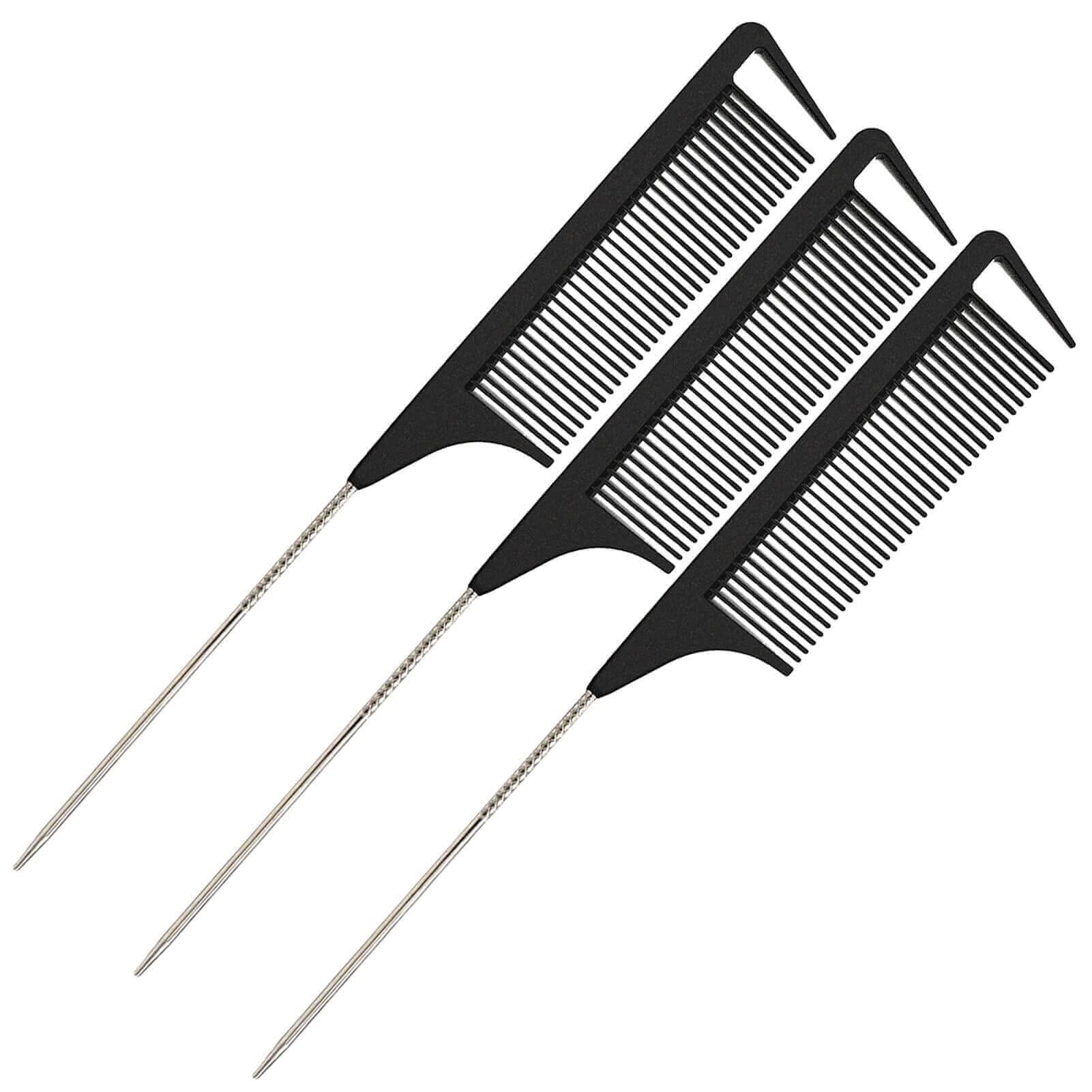 Yumflan Rat Tail Combs, 3Pcs Parting Combs for Braiding Hair with Stainless Steel Pintail for Sectioning, Parting and Styling (Black)