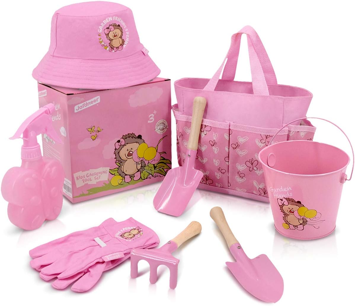 Jardineer Kids Gardening Set Metal Pink Gardening Tools for Kids Gardening Gloves and Tote Bag