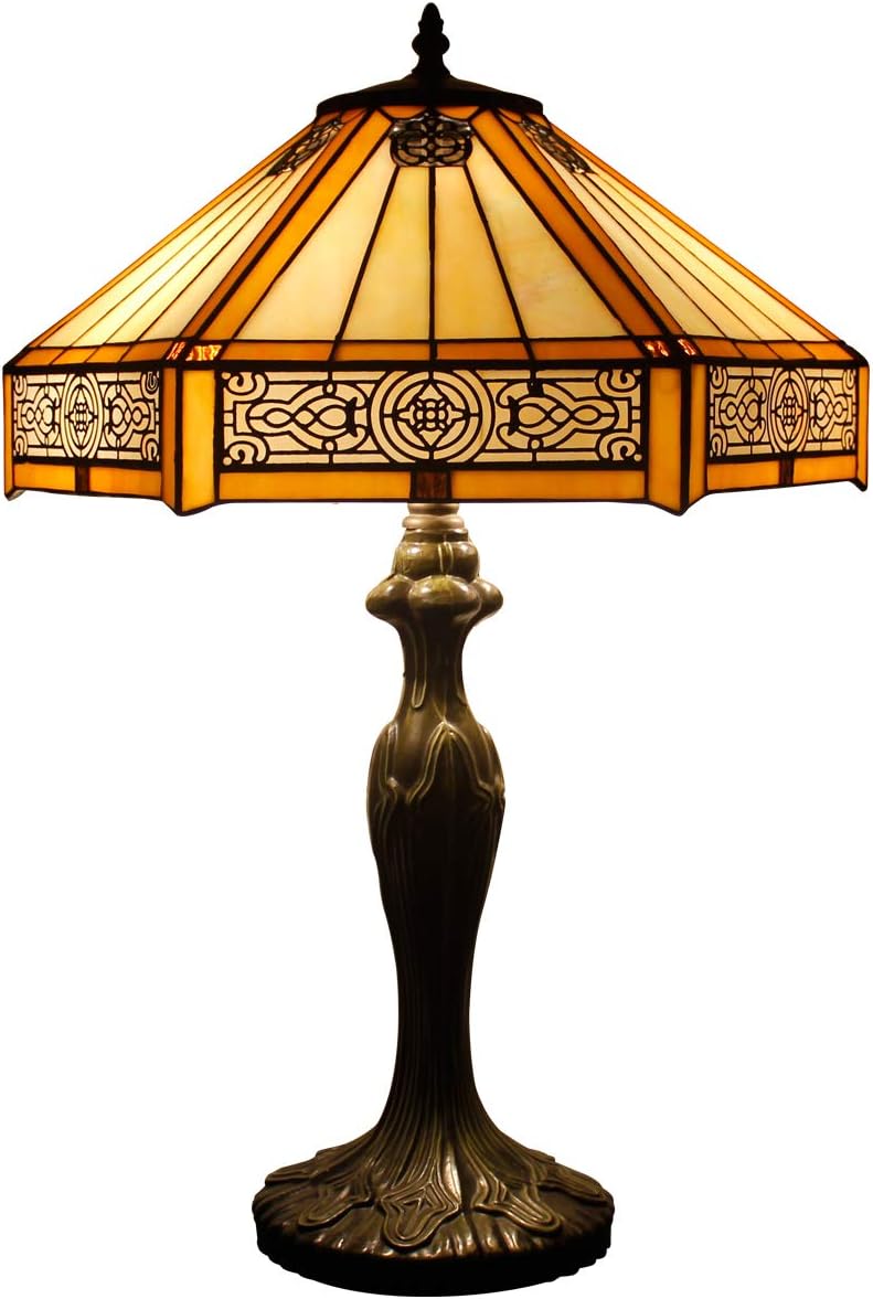 Tiffany Lamp Yellow Hexagon Stained Glass Mission Style End Coffee Table Lamps Bookcase Reading Lighting Lampshade Antique Base W16 H24 Inch Living Room Bedroom Bedside Desk S011 WERFACTORY