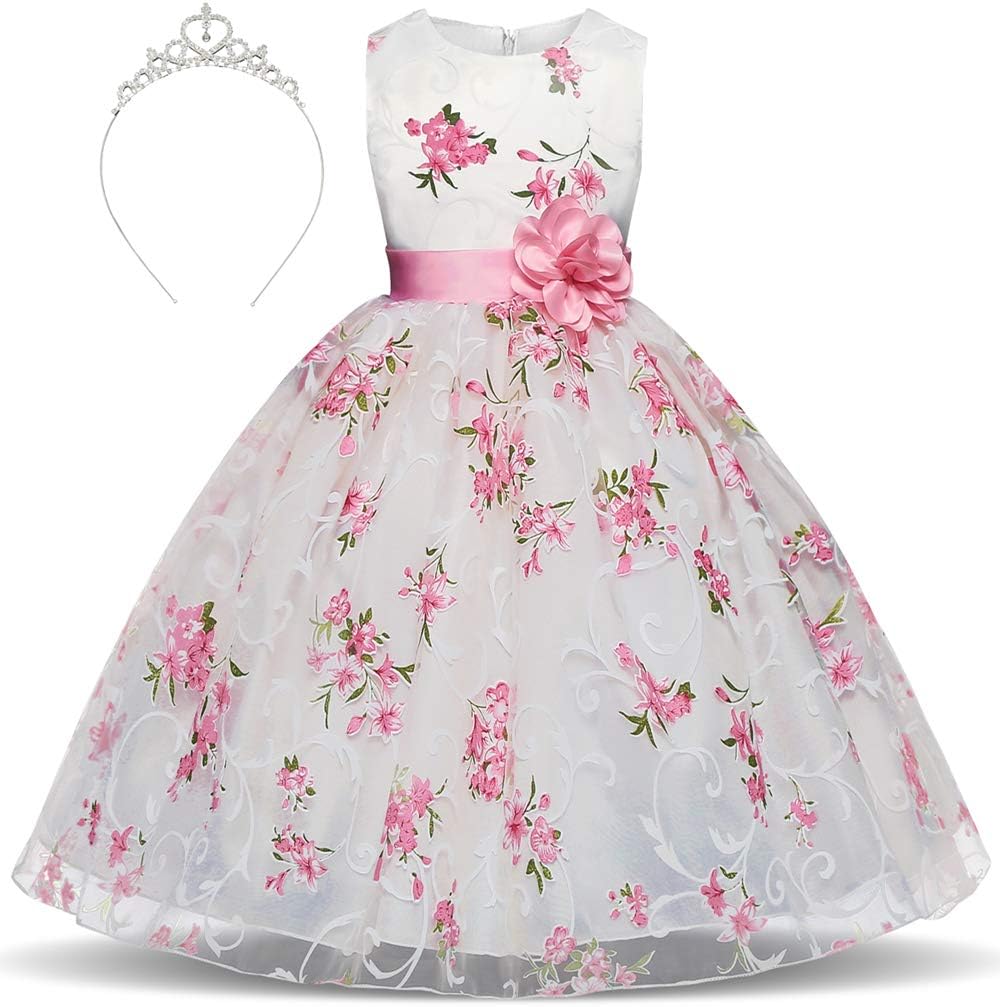 AiMiNa Party Dress Embroidered Butterflies Flower Printing 3D Roses Dress with Accessories Crown Age of 3-8 Years