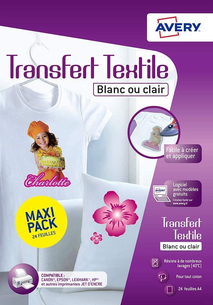 AVERY Customisable Transfers for Textiles White or Light – 24 Sheets A4 – Inkjet Print