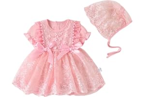 IDOPIP Toddler Baby Girl Long Sleeve Fall Dress Flower Lace Wedding First Birthday Baptism Christening Dresses with Hat Outfit