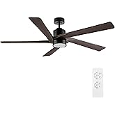 WINGBO 54 Inch DC Ceiling Fan with Lights and Remote Control, 5 Reversible Carved Wood Blades, 6-Speed Noiseless DC Motor, Modern Ceiling Fan in Matte Black Finish with Walnut Blades, ETL Listed