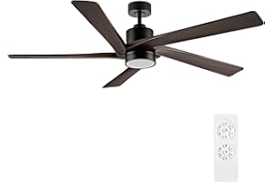 WINGBO 64 Inch DC Ceiling Fan with Lights and Remote Control, 5 Reversible Carved Wood Blades, 6-Speed Noiseless DC Motor, Modern Ceiling Fan in Matte Black Finish with Walnut Blades, ETL Listed