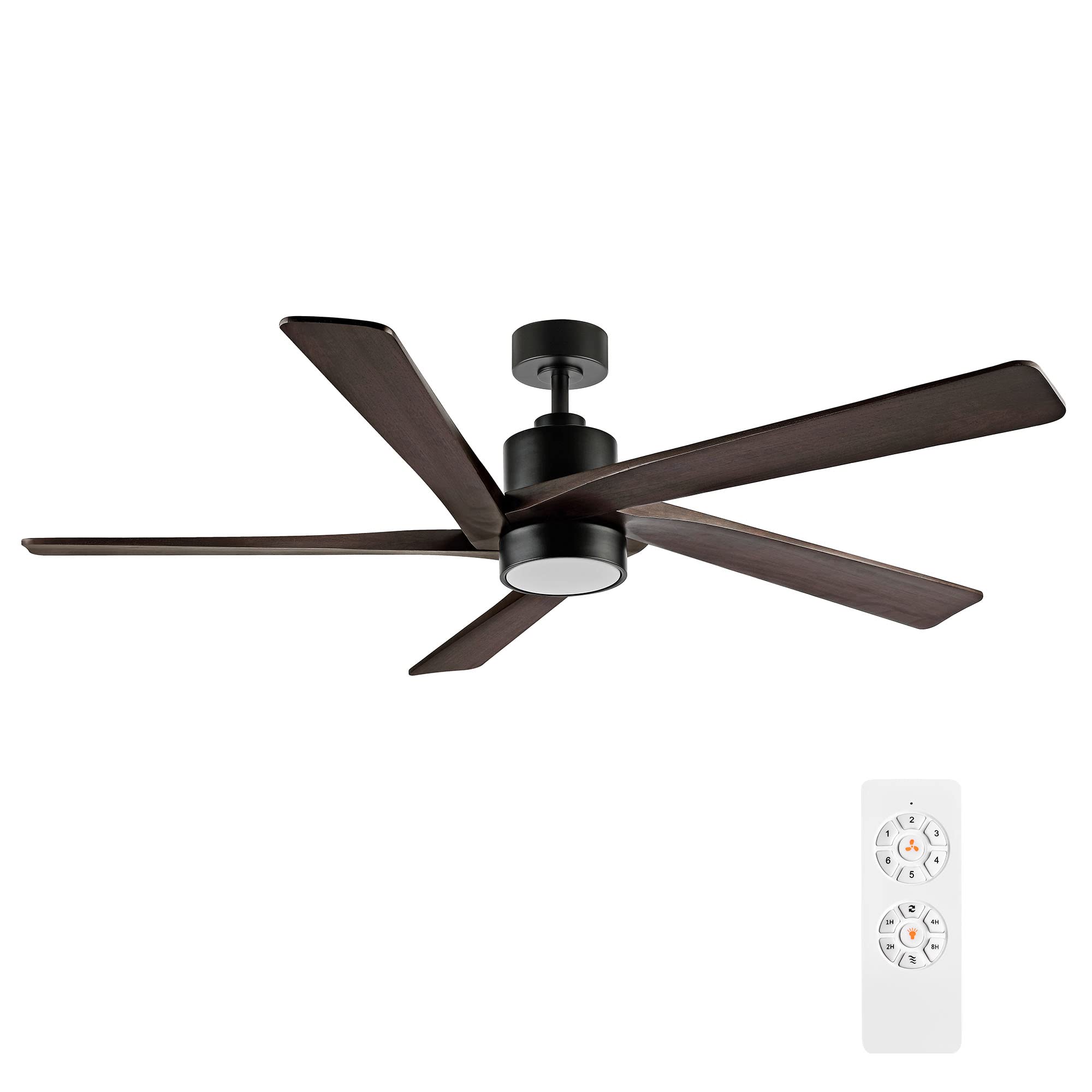 Photo 1 of WINGBO 64 Inch DC Ceiling Fan with Lights and Remote Control, 5 Reversible Carved Wood Blades, 6-Speed Noiseless DC Motor, Modern Ceiling Fan in Matte Black Finish with Walnut Blades, ETL Listed